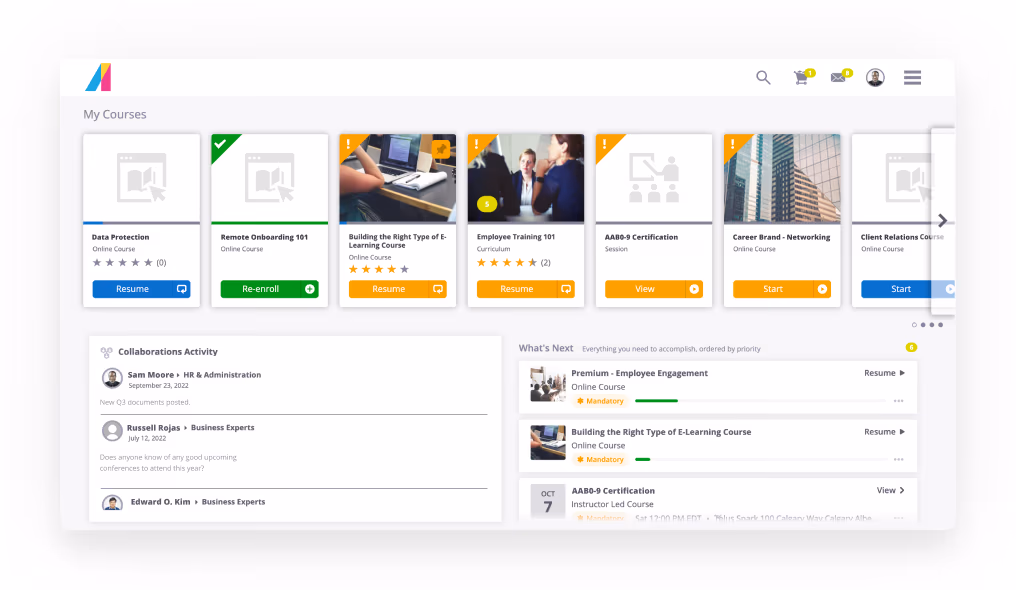 Absorb LMS dashboard showing learner portal, progress tracking and analytics charts