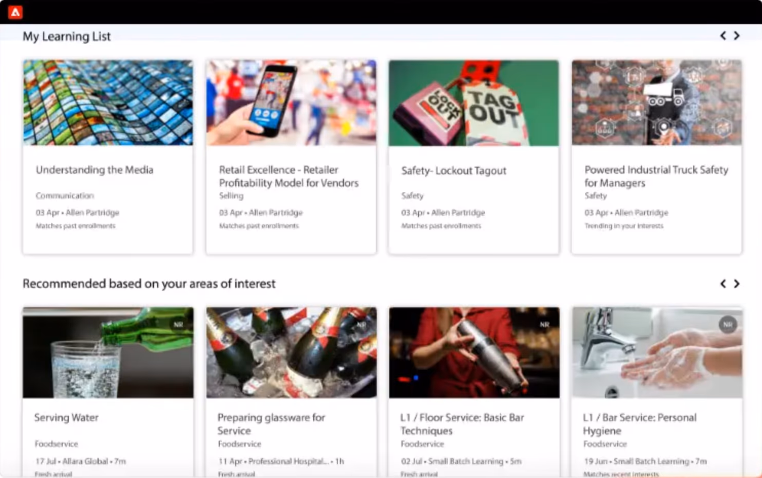 Adobe Learning Manager interface showing course catalog and learner dashboard