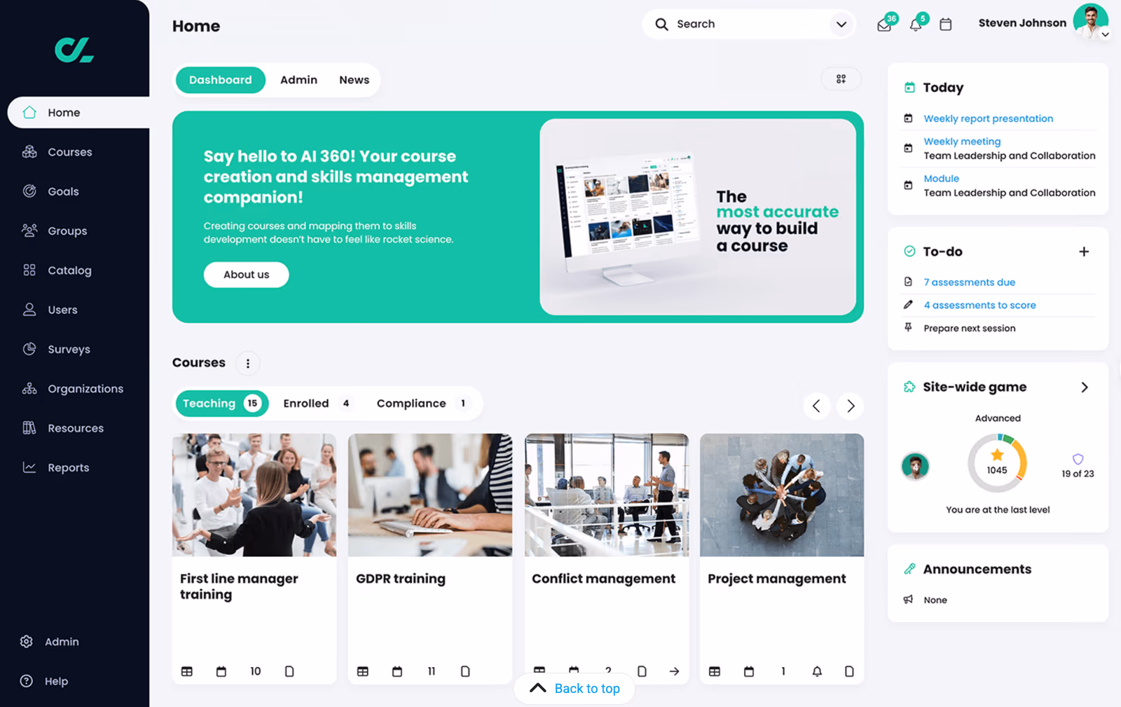 CYPHER Learning dashboard showing adaptive learning paths, gamified progress and analytics
