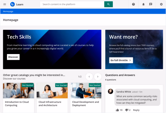 Docebo dashboard showing personalized learning portal, AI automation settings and reporting charts