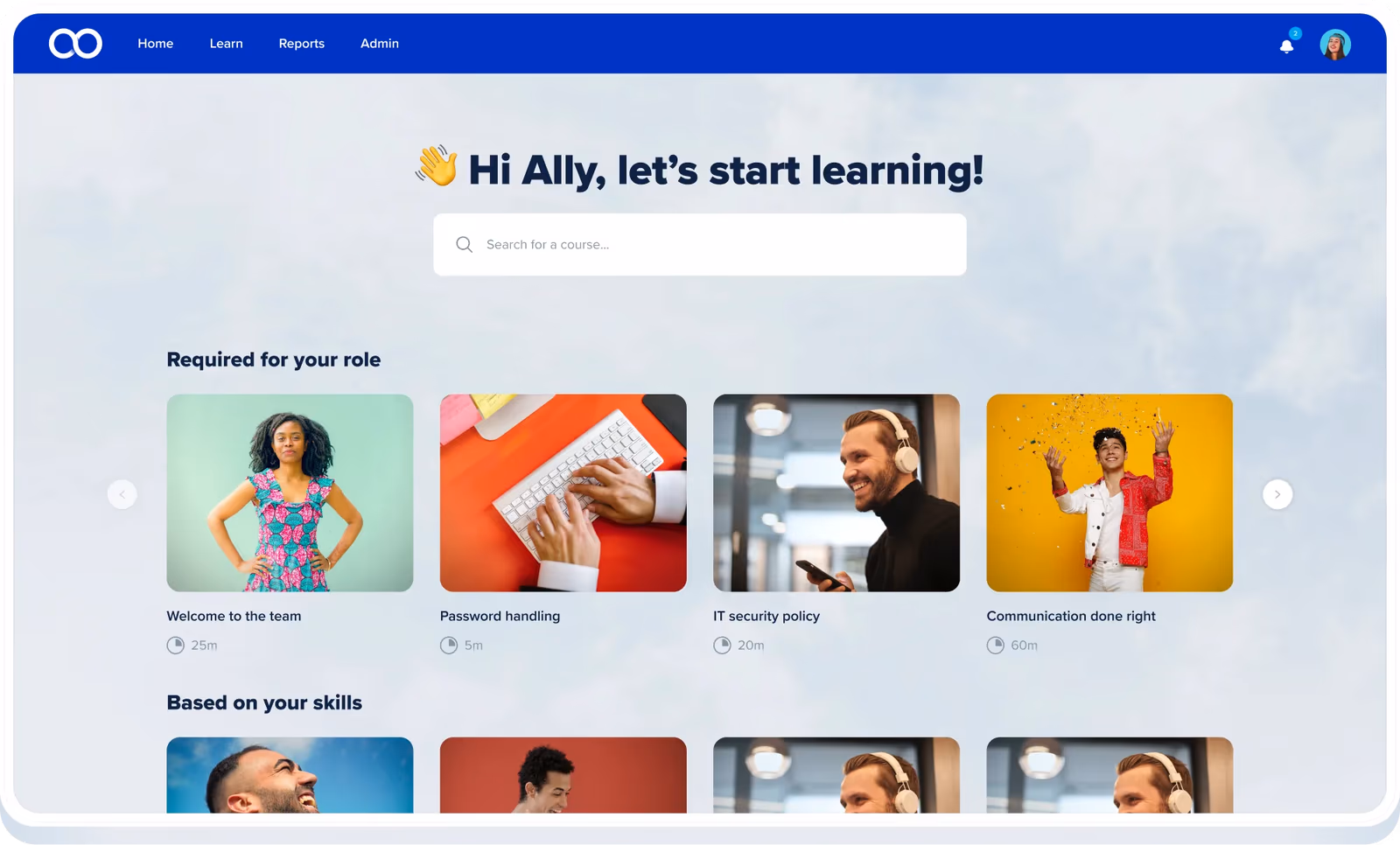 Eloomi learning and performance management platform dashboard