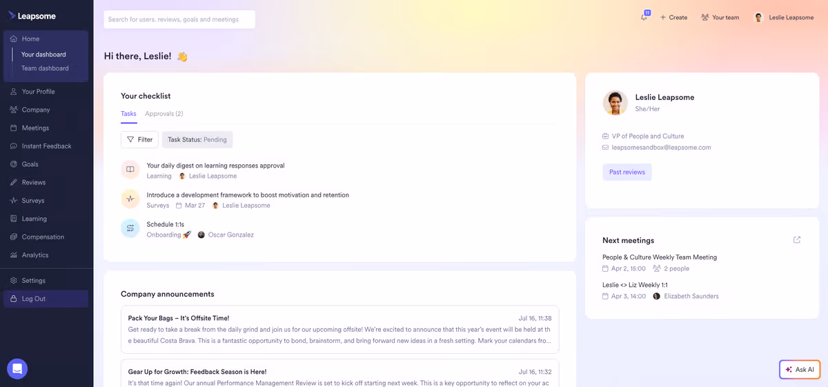 Leapsome performance management and learning platform dashboard