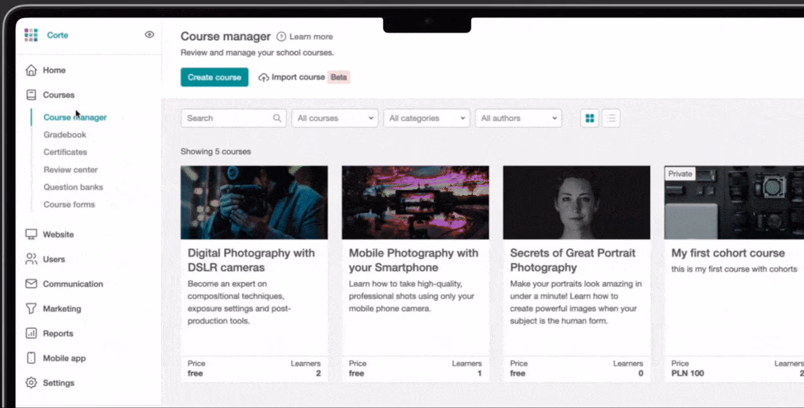 Learnworlds online course creation platform interface