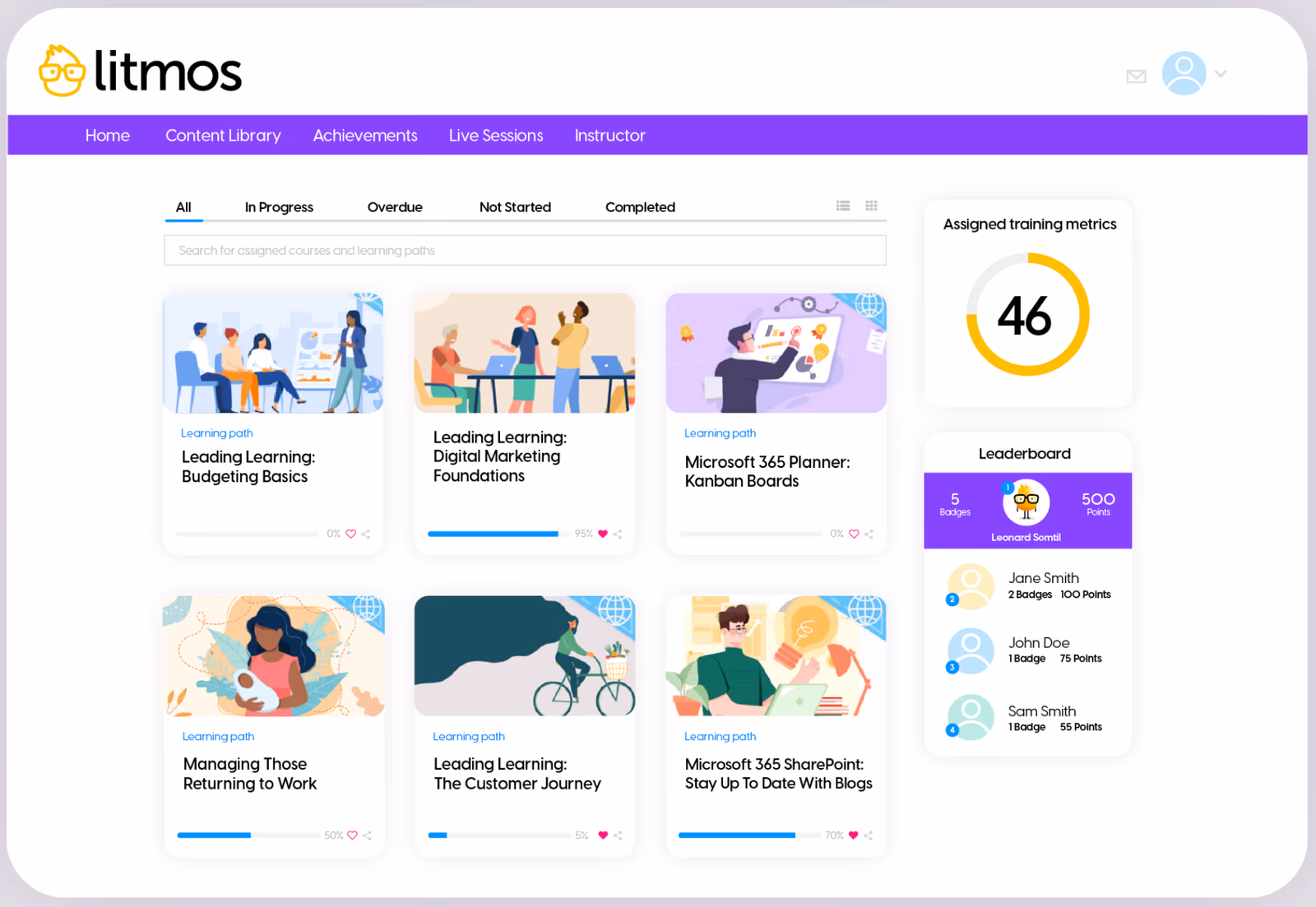 Litmos dashboard with course library and learner progress indicators