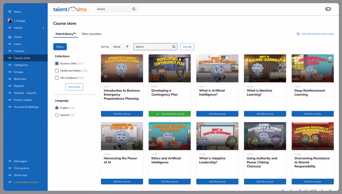 TalentLMS dashboard showing course catalog, AI course builder and progress analytics