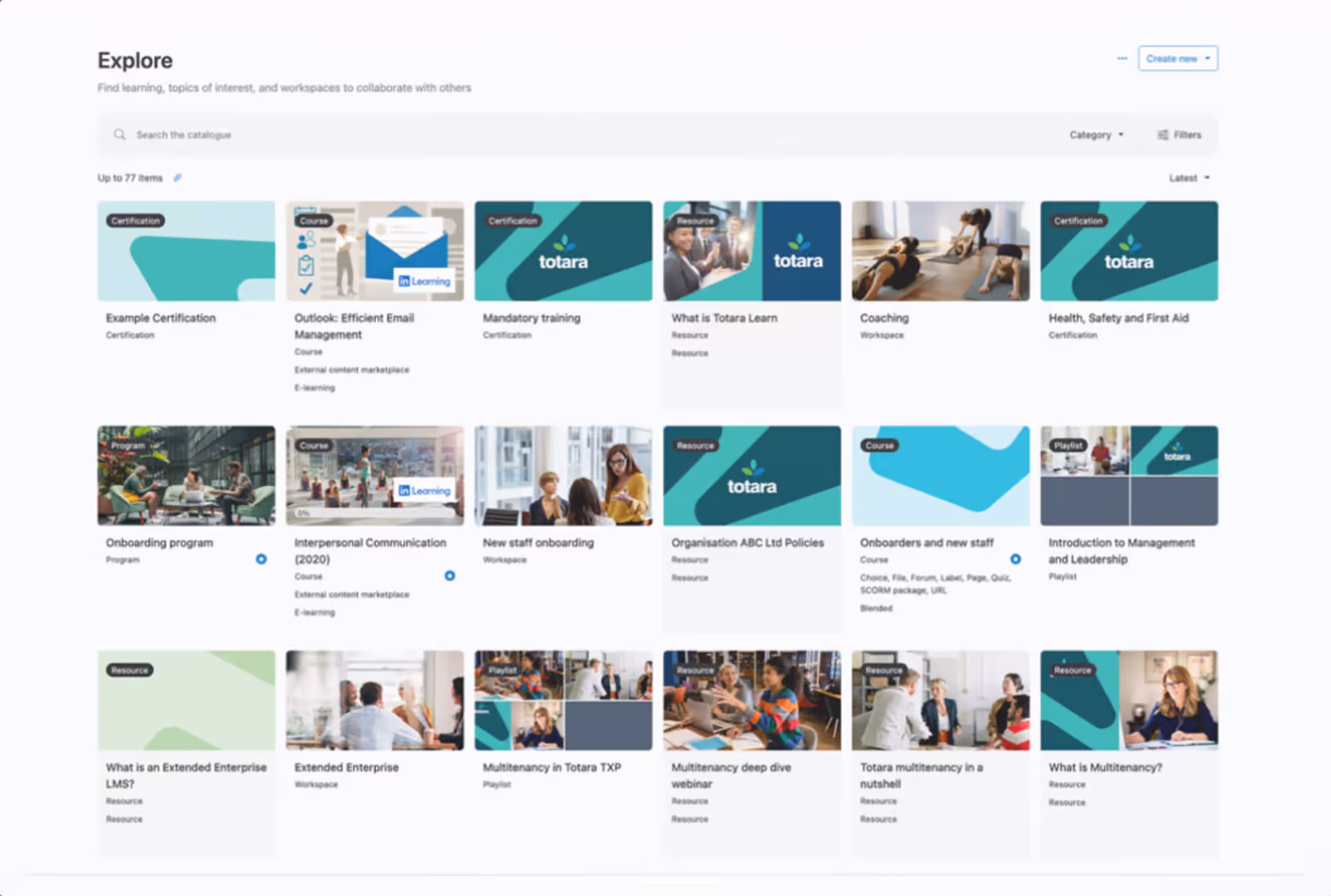 Totara Learn dashboard displaying learning paths and gamification badges