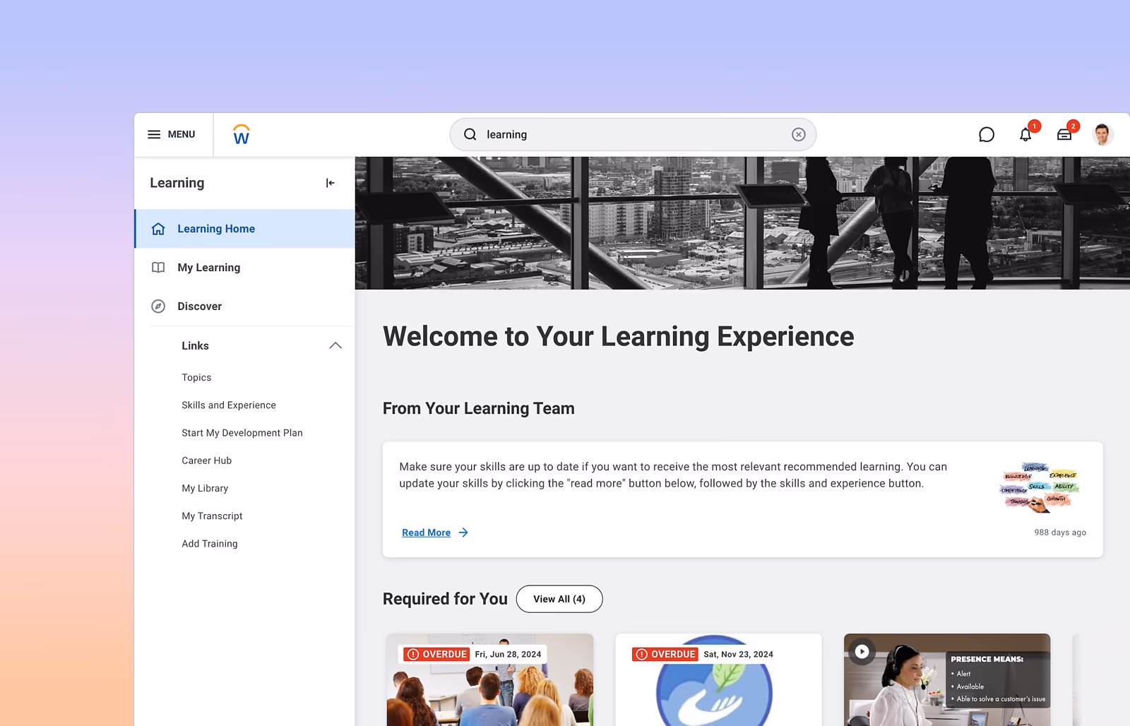 Workday Learning module interface showing assigned courses and progress