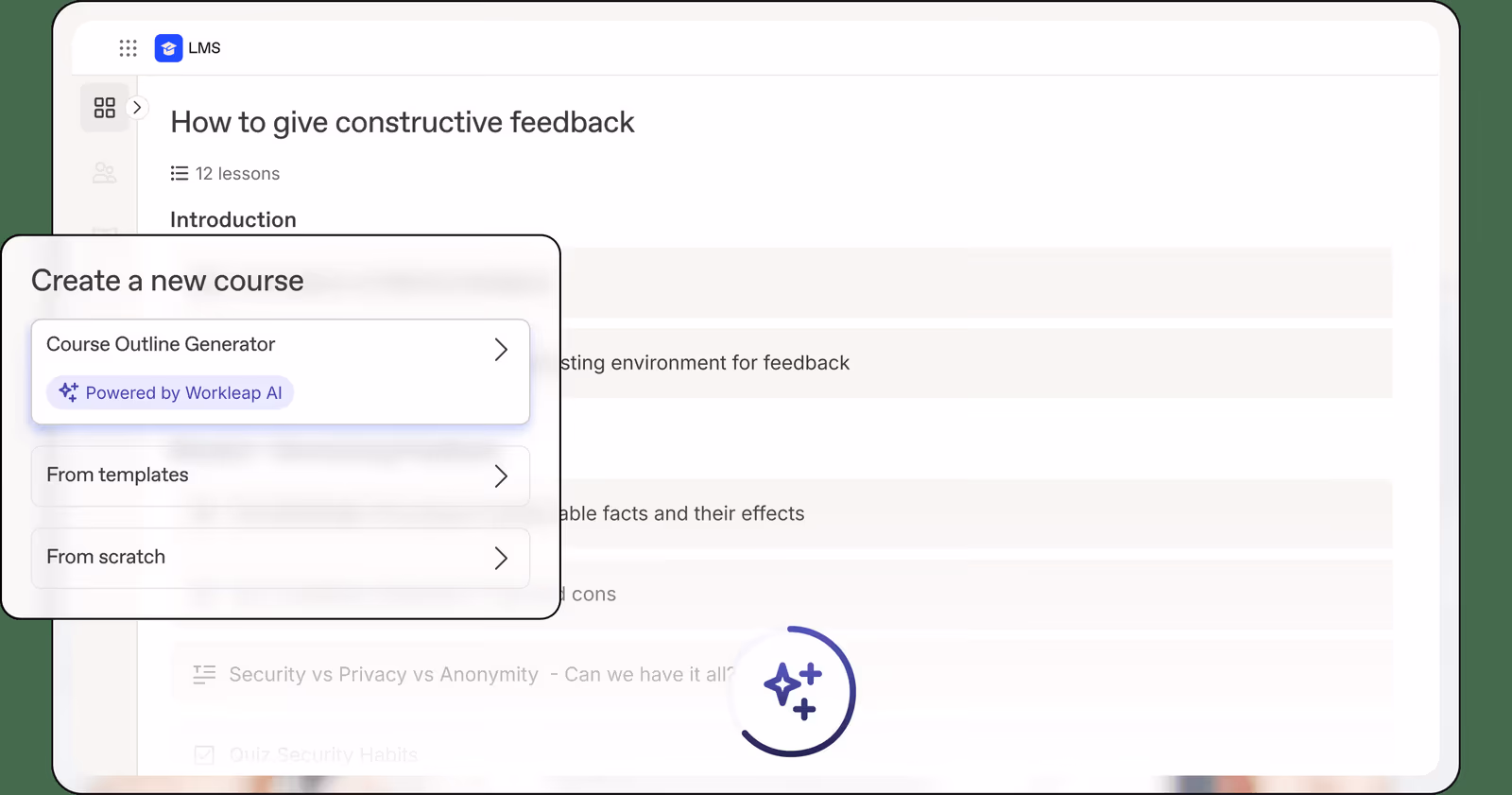 Workleap LMS dashboard showing course list, learner progress and AI assistant