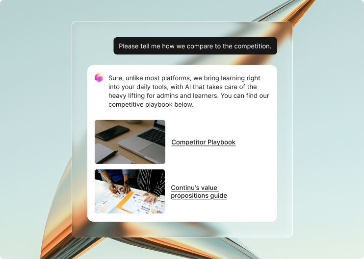 An example of conversational learning for a sales person asking about competitive differences.