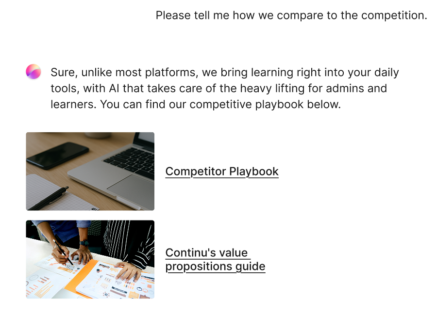An example of a salesperson asking an AI Learning Agent about competitor comparisons pulled from their LMS.