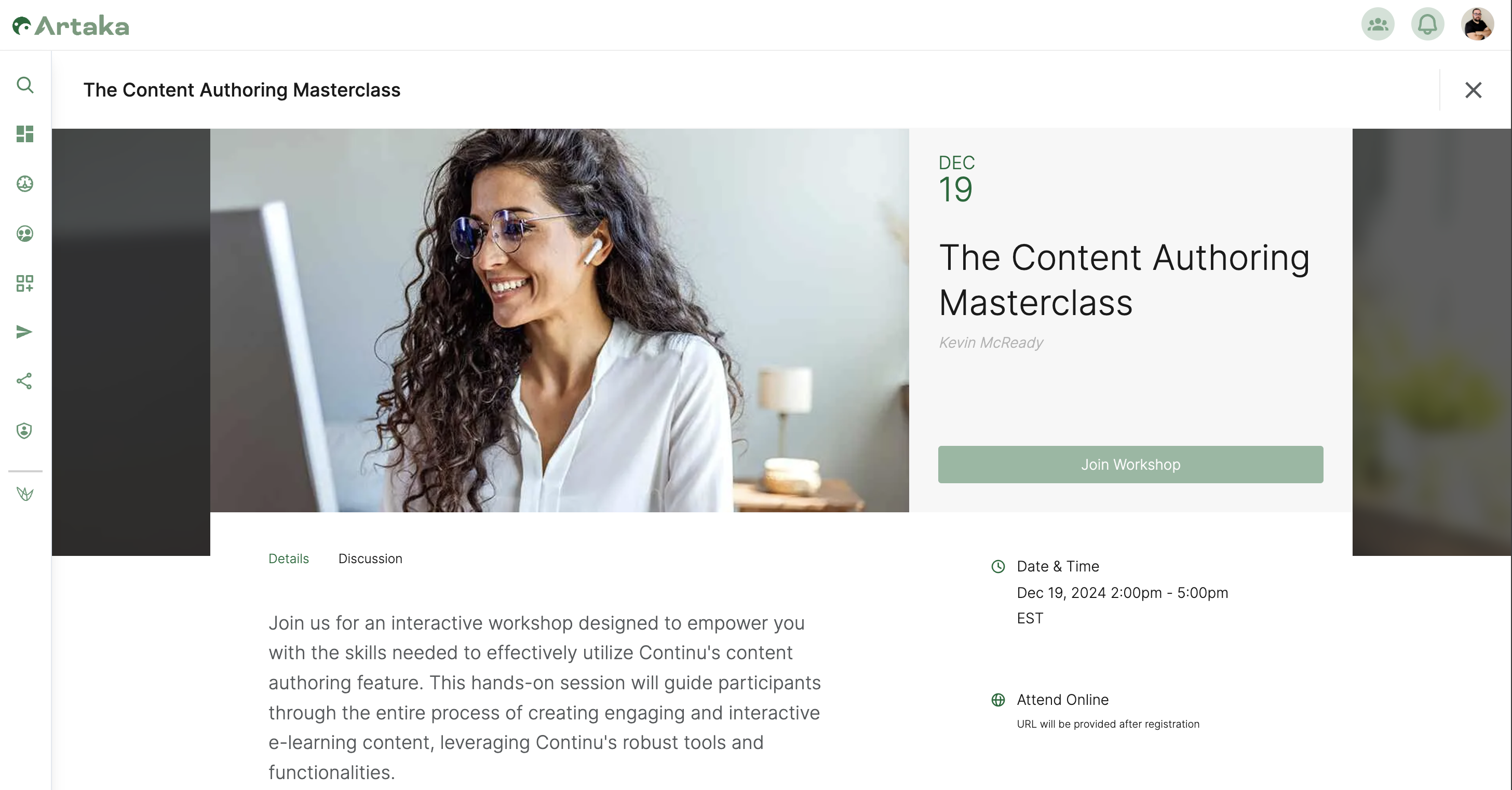 A live product training workshop created in Continu.