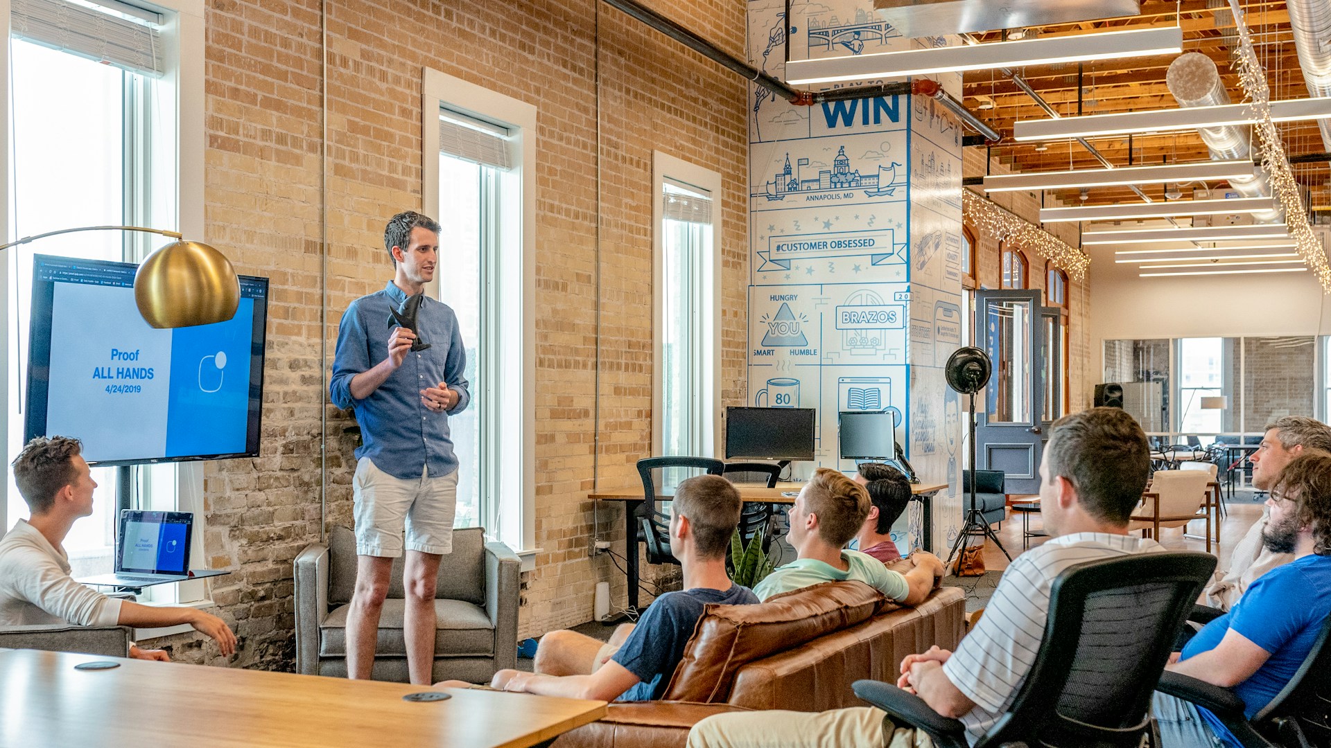 A startup company hosting a lunch and learn in the office.