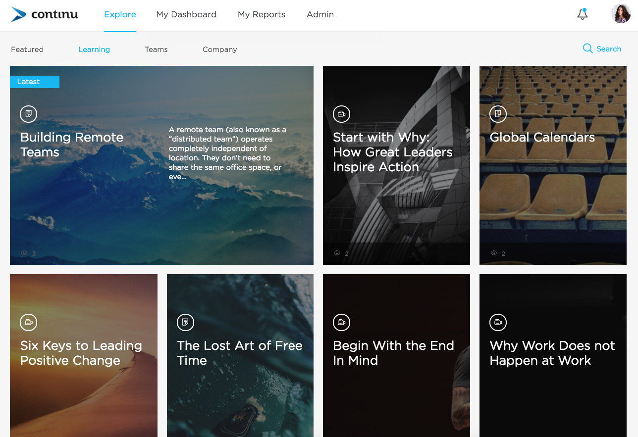 Continu's Explore tab on the employee learning dashboard
