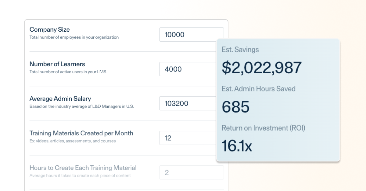 Illustration of an LMS ROI calculator showing total time and money savings.