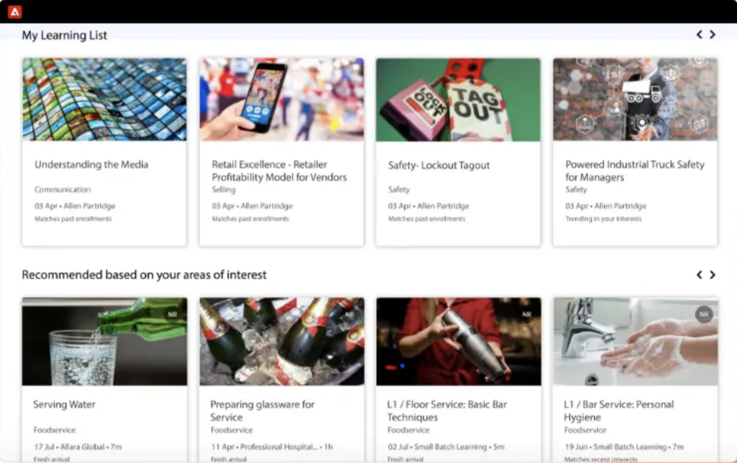 Adobe Learning Manager interface showing course catalog and learner dashboard
