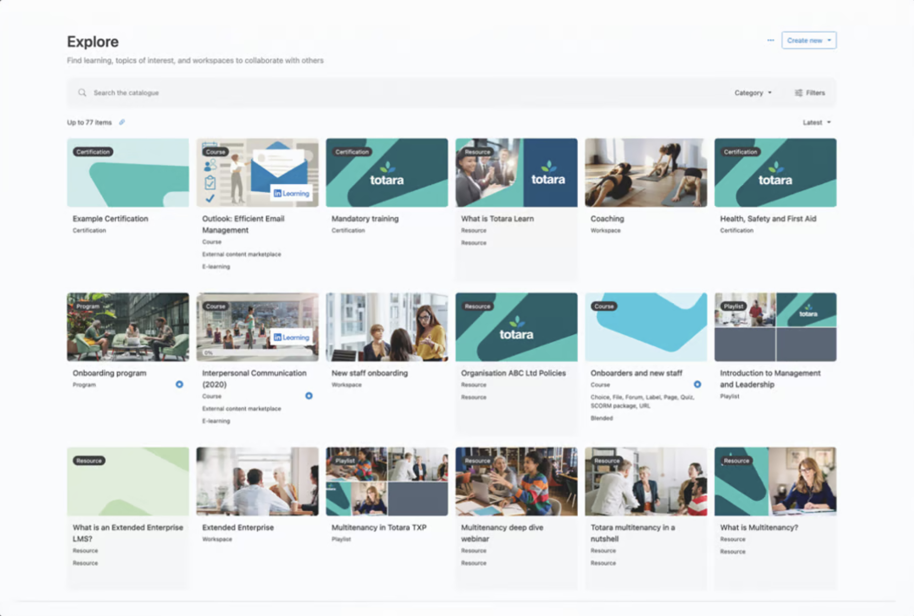 Totara Learn dashboard displaying learning paths and gamification badges
