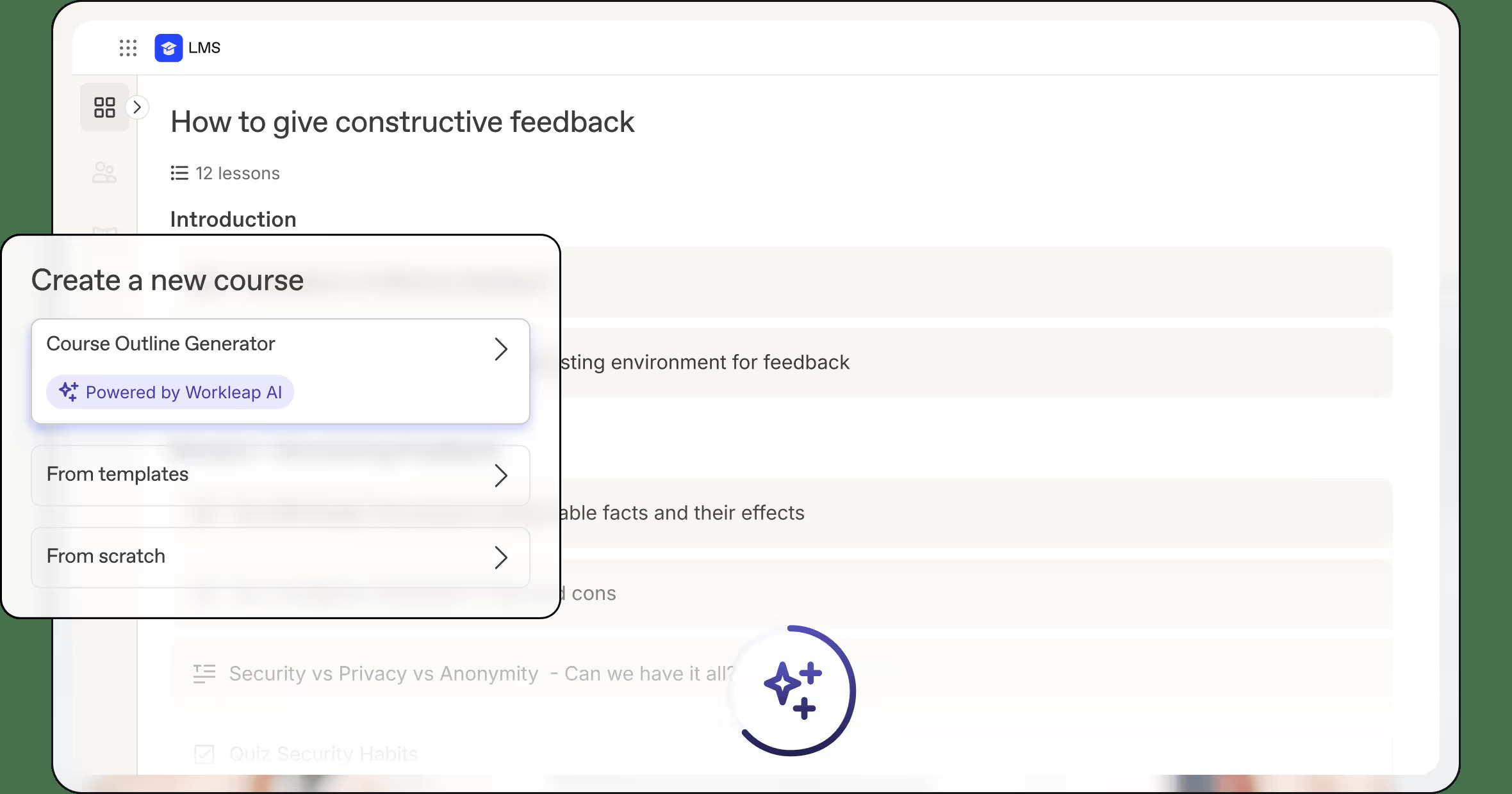 Workleap LMS dashboard showing course list, learner progress and AI assistant