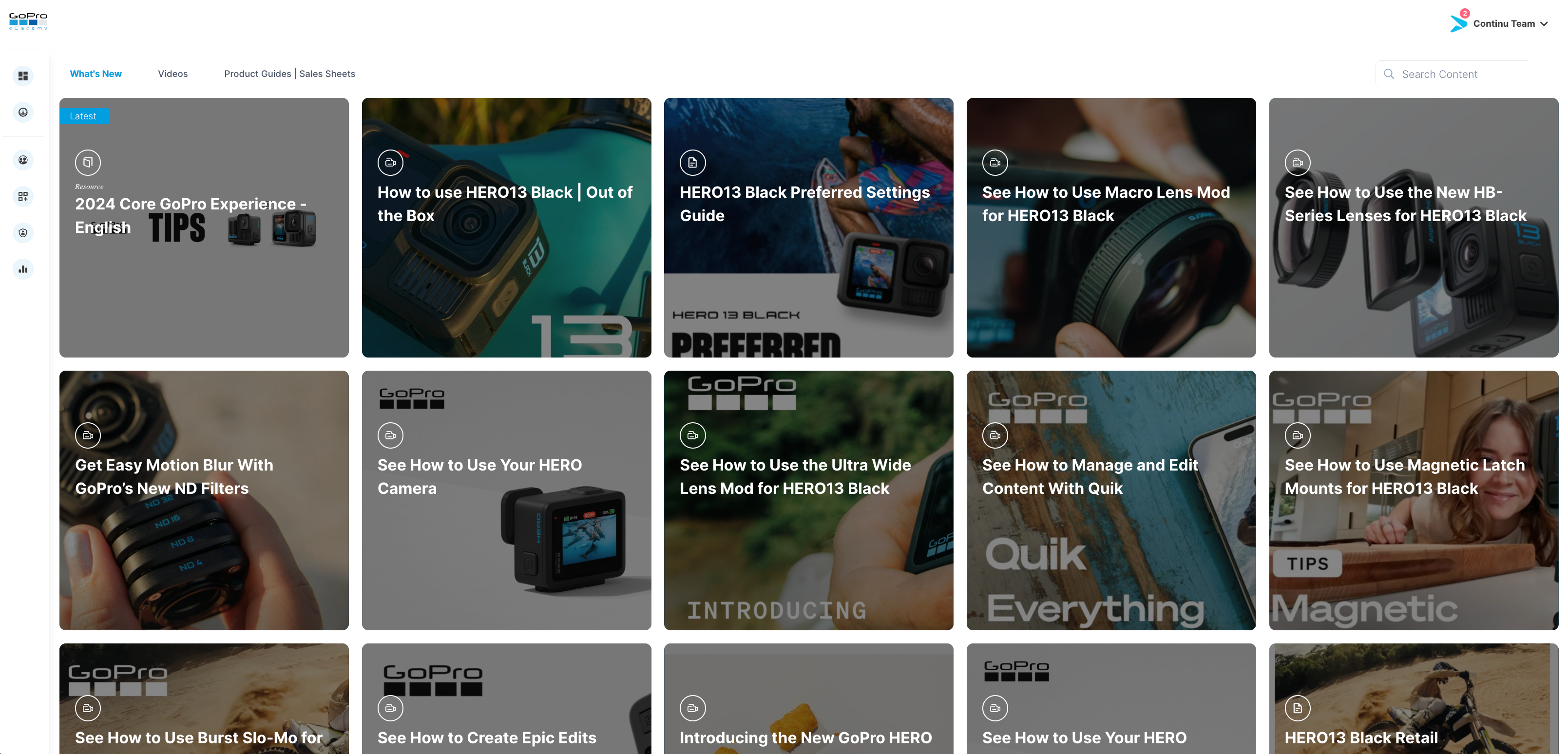 GoPro's Explore dashboard with relevant product training courses for customers and partners.